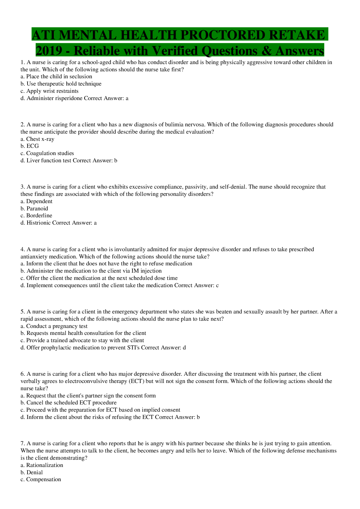 ATI MENTAL HEALTH PROCTORED RETAKE 2022 Reliable with Verified